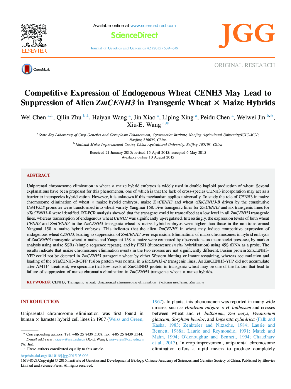 Competitive Expression of Endogenous Wheat CENH3 May Lead to Suppression of Alien ZmCENH3 in Transgenic Wheat × Maize Hybrids