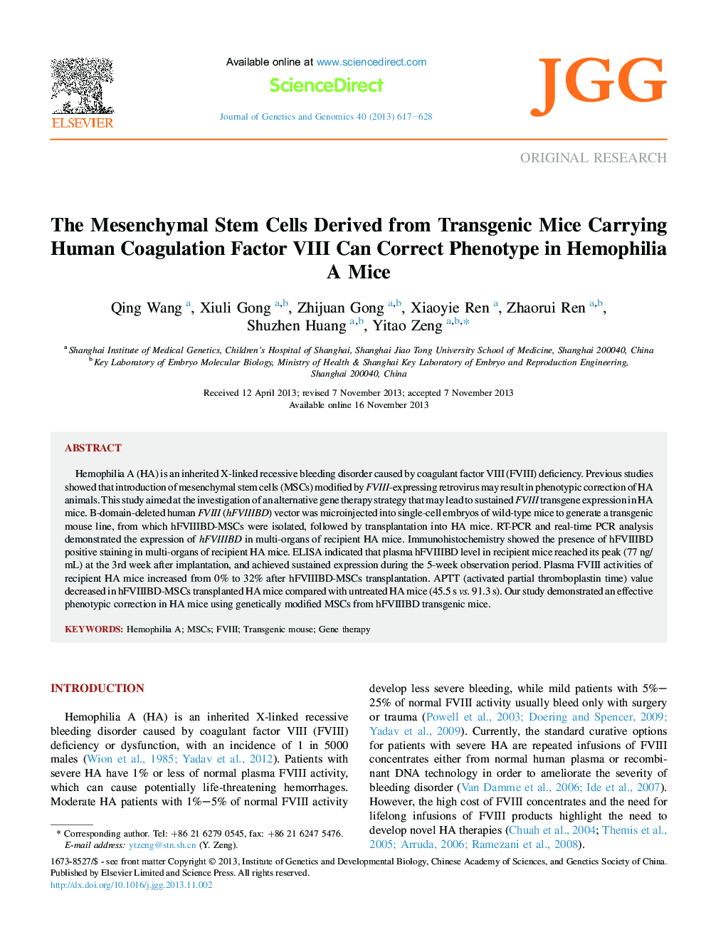 The Mesenchymal Stem Cells Derived from Transgenic Mice Carrying Human Coagulation Factor VIII Can Correct Phenotype in Hemophilia A Mice