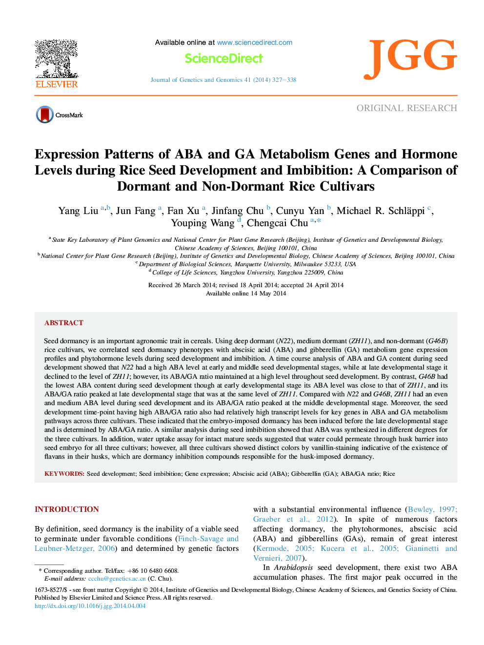 Expression Patterns of ABA and GA Metabolism Genes and Hormone Levels during Rice Seed Development and Imbibition: A Comparison of Dormant and Non-Dormant Rice Cultivars