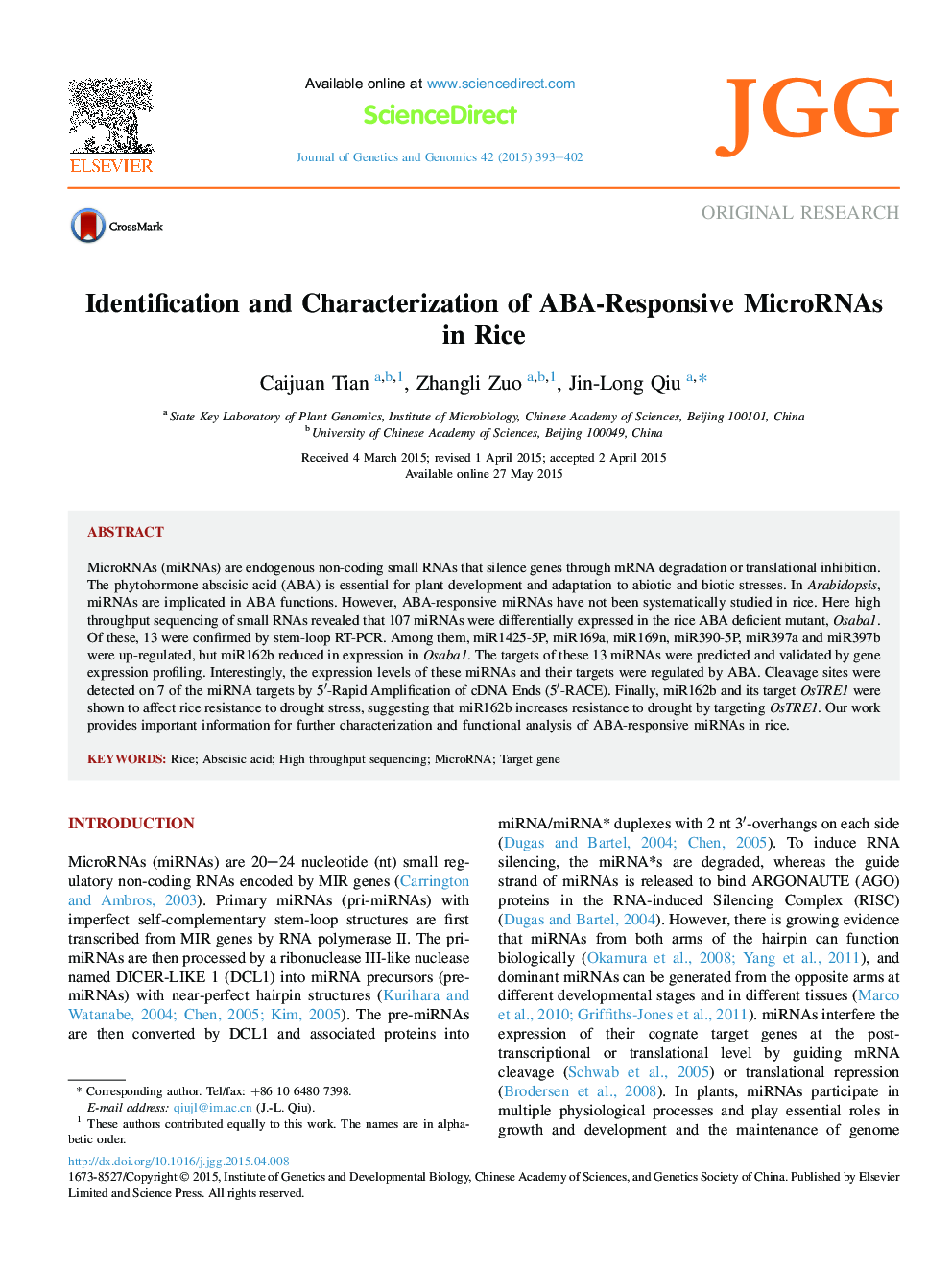 Identification and Characterization of ABA-Responsive MicroRNAs in Rice