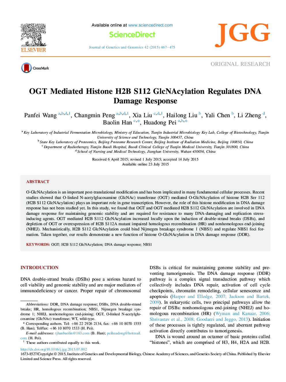 عکس صفحه اول مقاله: OGT Mediated Histone H2B S112 GlcNAcylation Regulates DNA Damage Response OGT Mediated Histone H2B S112 GlcNAcylation Regulates DNA Damage Response