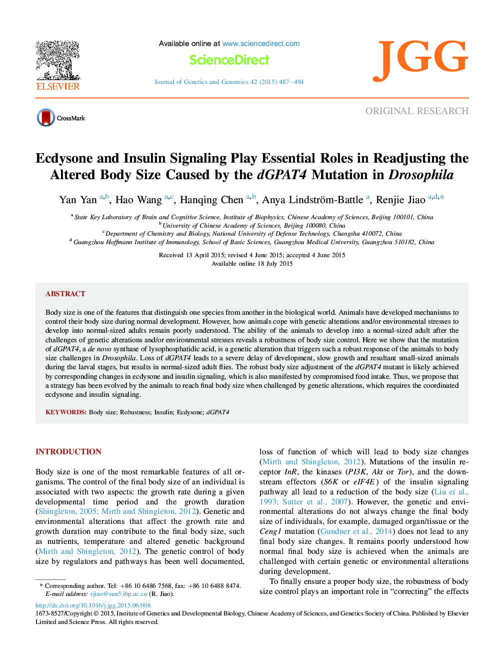 Ecdysone and Insulin Signaling Play Essential Roles in Readjusting the Altered Body Size Caused by the dGPAT4 Mutation in Drosophila