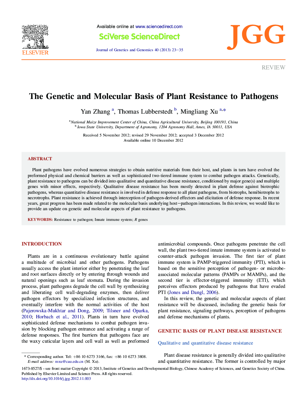 The Genetic and Molecular Basis of Plant Resistance to Pathogens