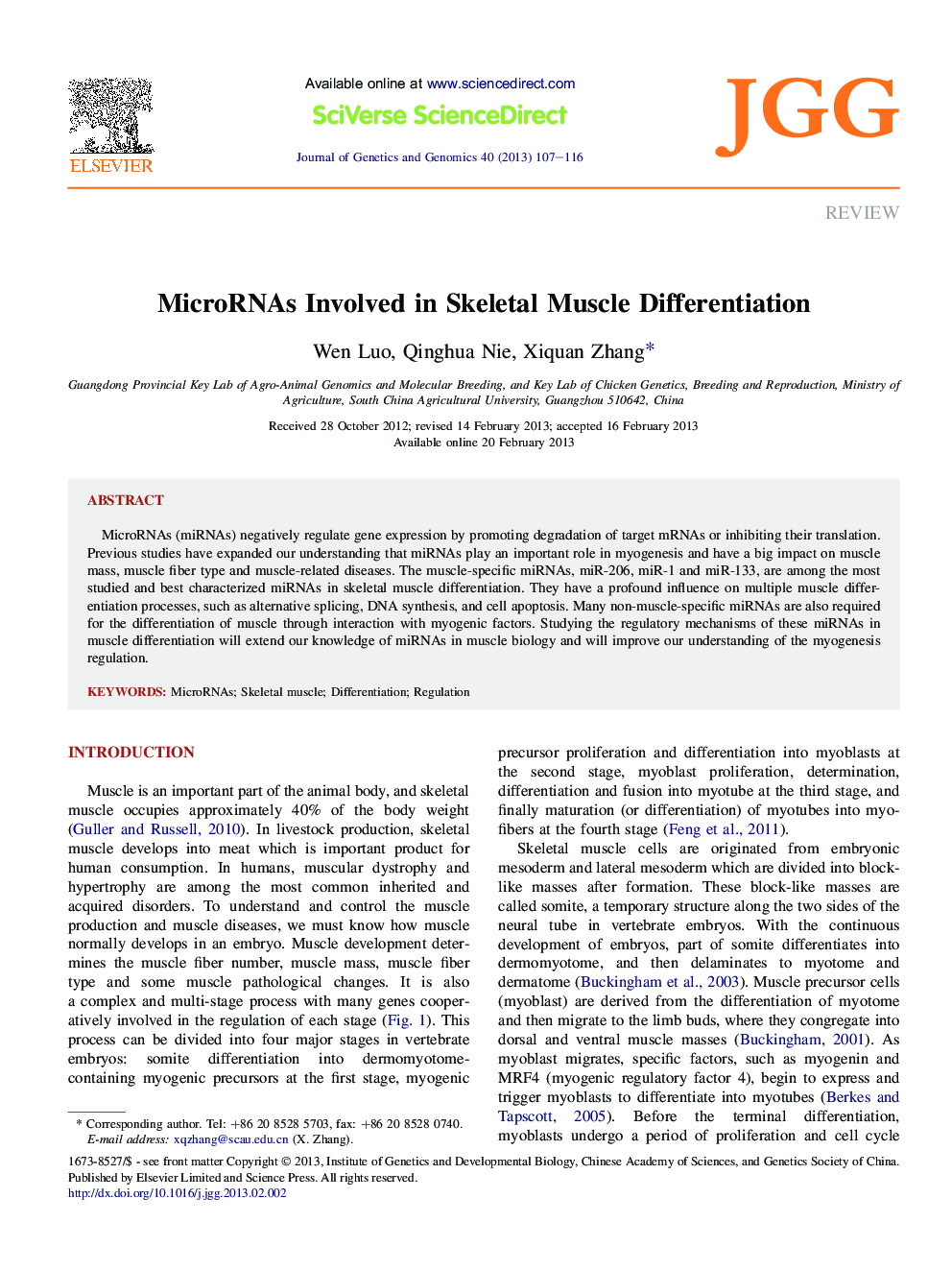 MicroRNAs Involved in Skeletal Muscle Differentiation