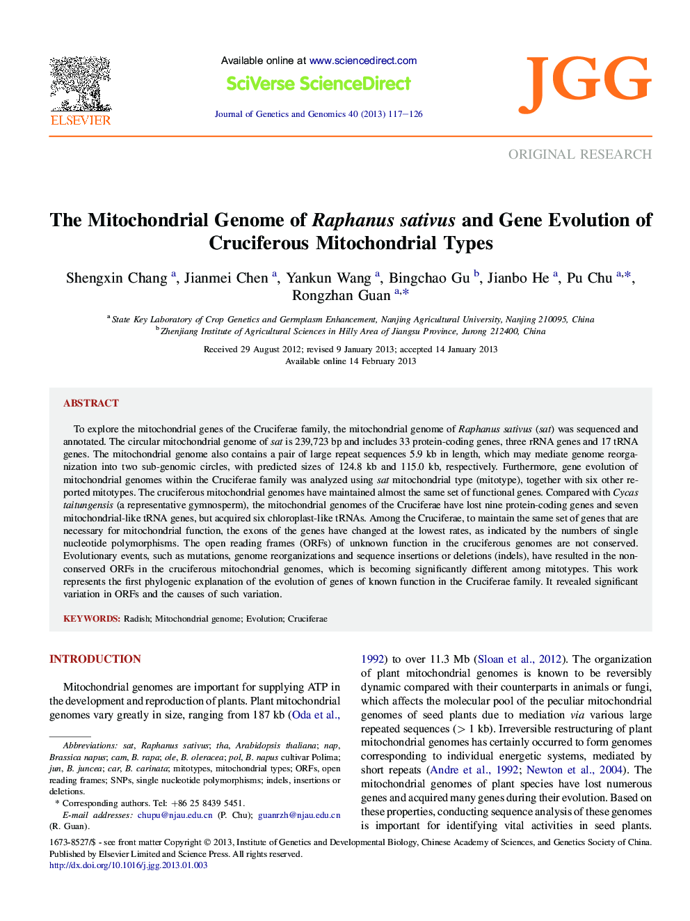 The Mitochondrial Genome of Raphanus sativus and Gene Evolution of Cruciferous Mitochondrial Types