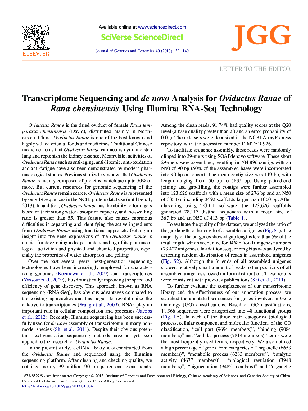 Transcriptome Sequencing and de novo Analysis for Oviductus Ranae of Rana chensinensis Using Illumina RNA-Seq Technology