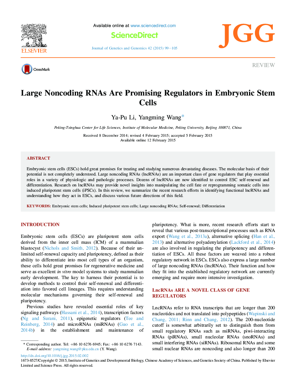 Large Noncoding RNAs Are Promising Regulators in Embryonic Stem Cells