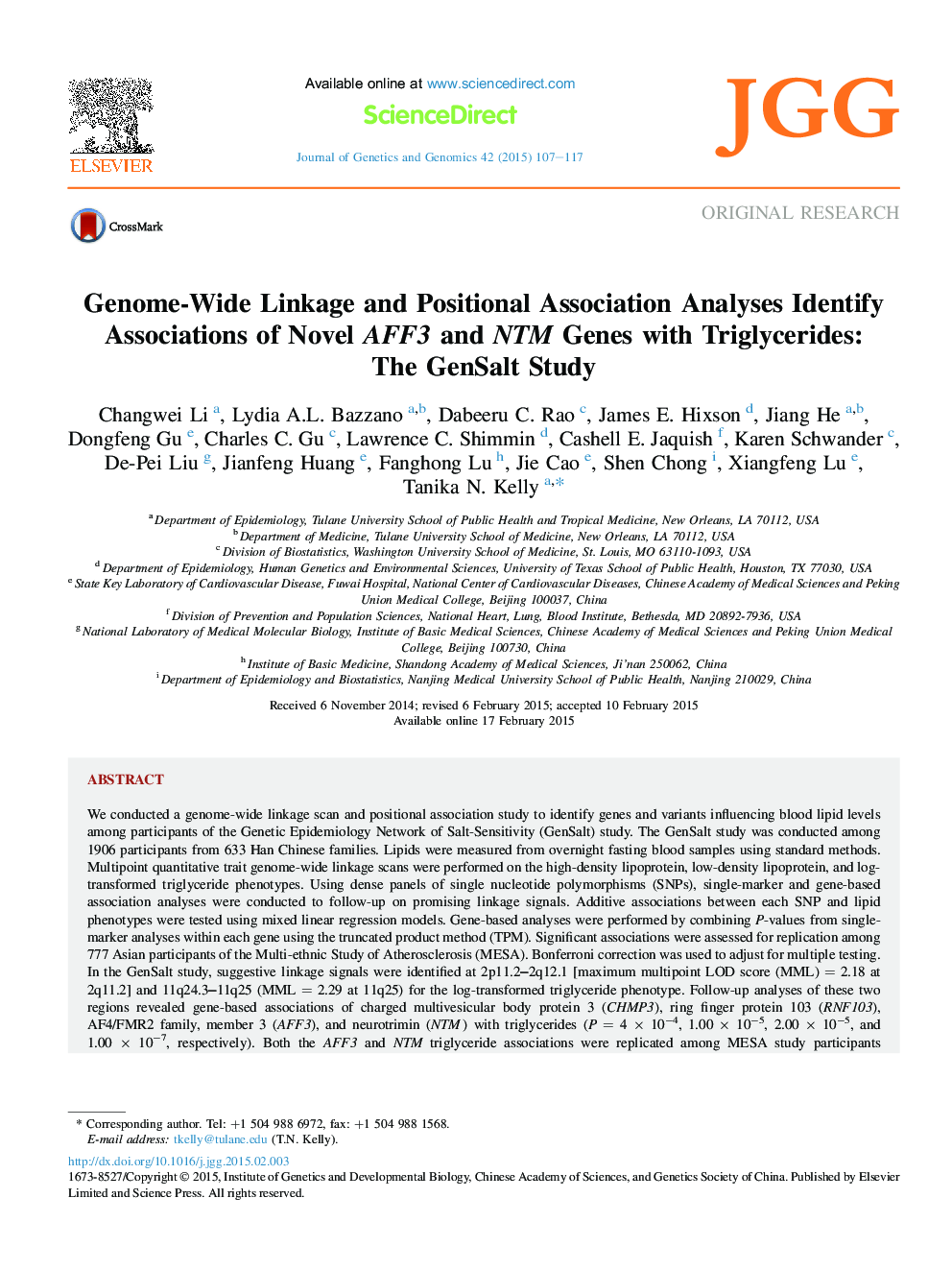 Genome-Wide Linkage and Positional Association Analyses Identify Associations of Novel AFF3 and NTM Genes with Triglycerides: The GenSalt Study