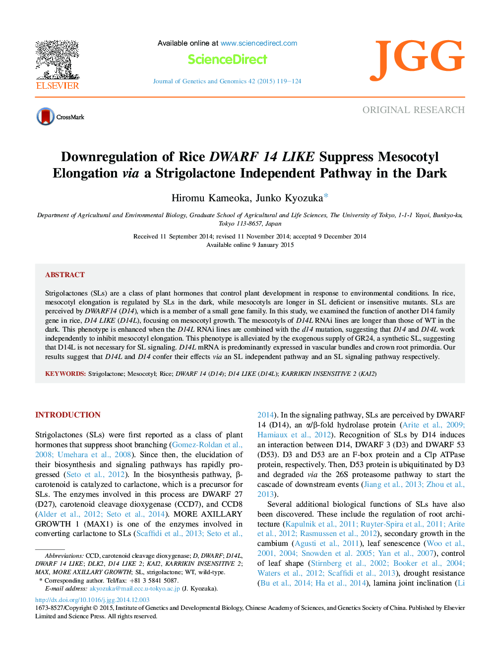 Downregulation of Rice DWARF 14 LIKE Suppress Mesocotyl Elongation via a Strigolactone Independent Pathway in the Dark