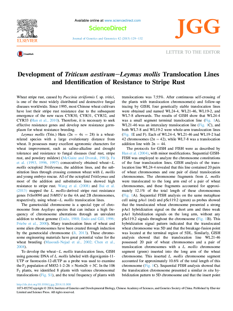 Development of Triticum aestivum-Leymus mollis Translocation Lines and Identification of Resistance to Stripe Rust