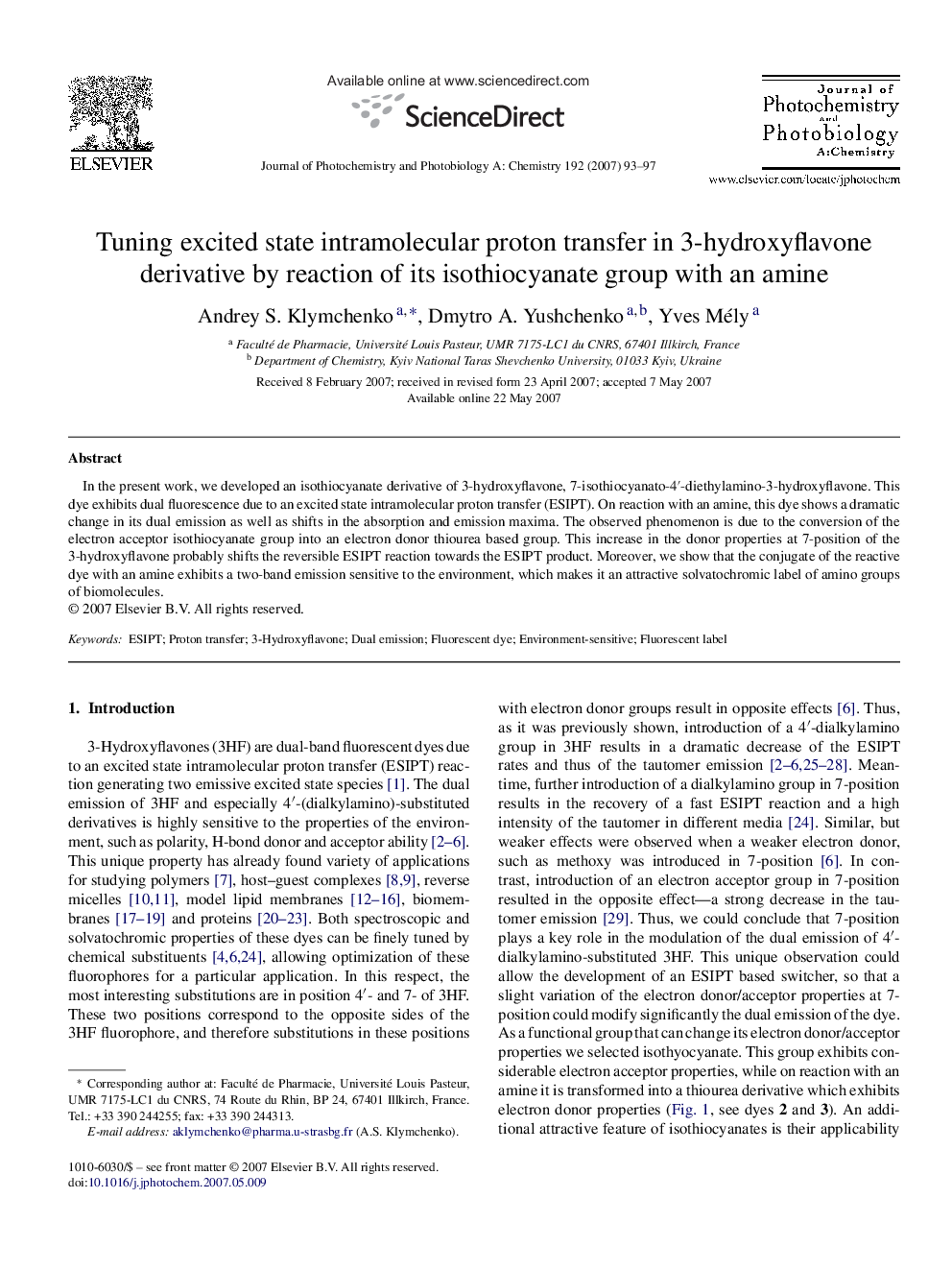 Tuning excited state intramolecular proton transfer in 3-hydroxyflavone derivative by reaction of its isothiocyanate group with an amine