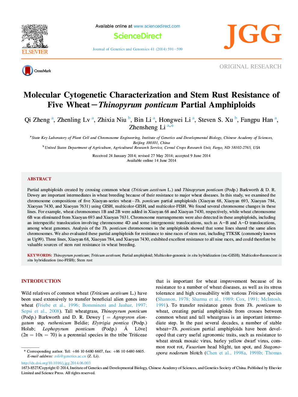 Molecular Cytogenetic Characterization and Stem Rust Resistance of Five Wheat−Thinopyrum ponticum Partial Amphiploids