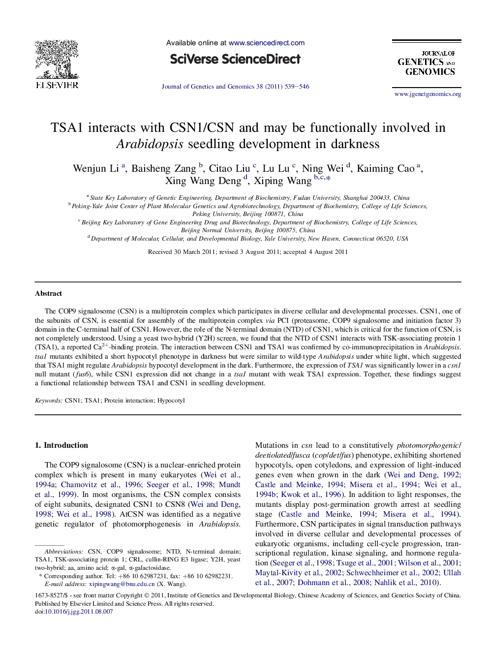 TSA1 interacts with CSN1/CSN and may be functionally involved in Arabidopsis seedling development in darkness