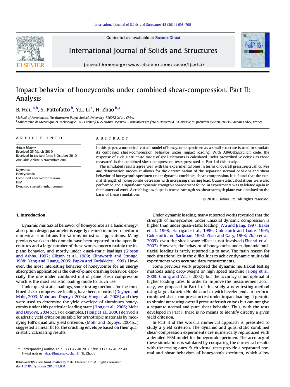 Impact behavior of honeycombs under combined shear-compression. Part II: Analysis