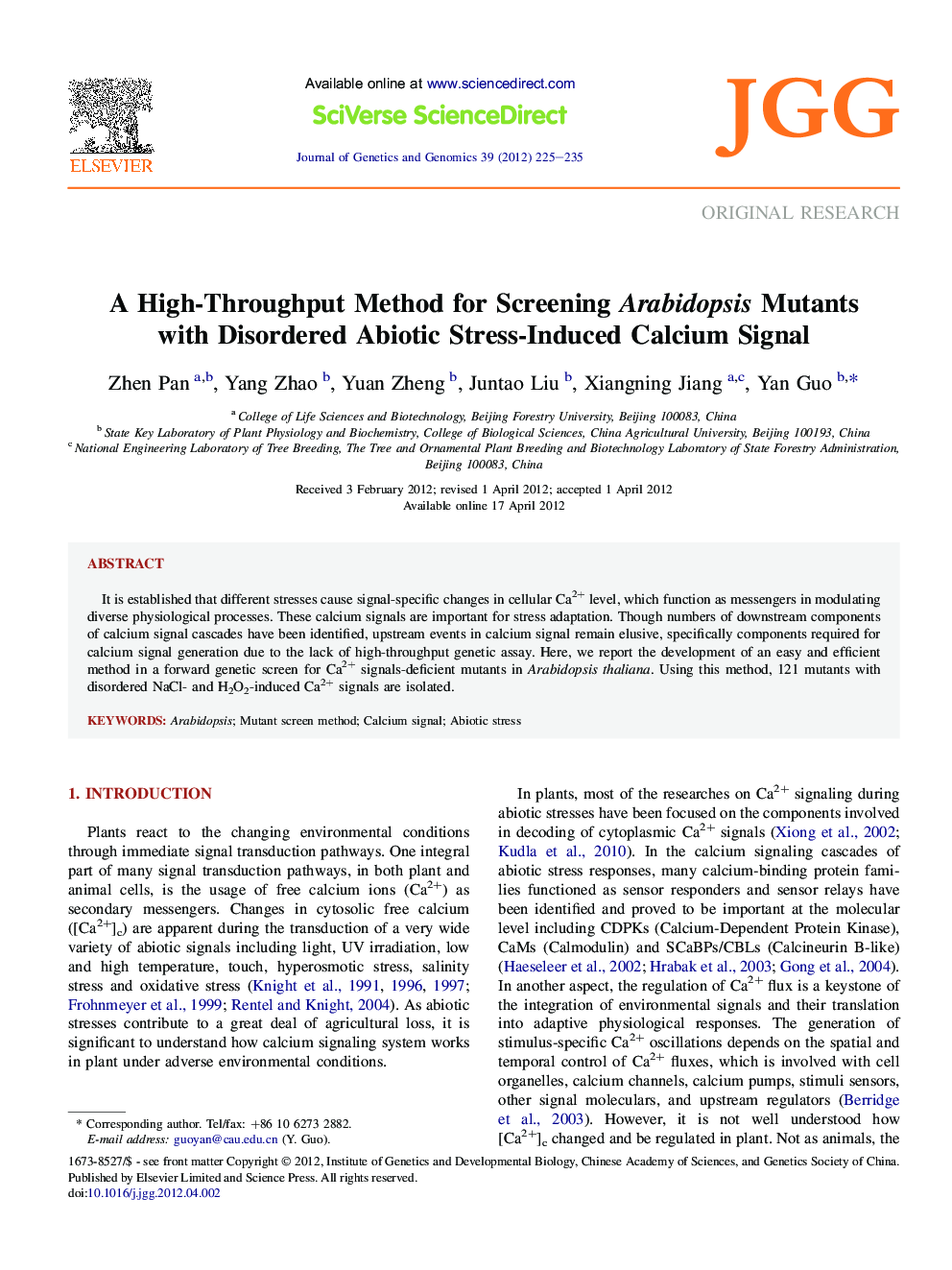 A High-Throughput Method for Screening Arabidopsis Mutants with Disordered Abiotic Stress-Induced Calcium Signal