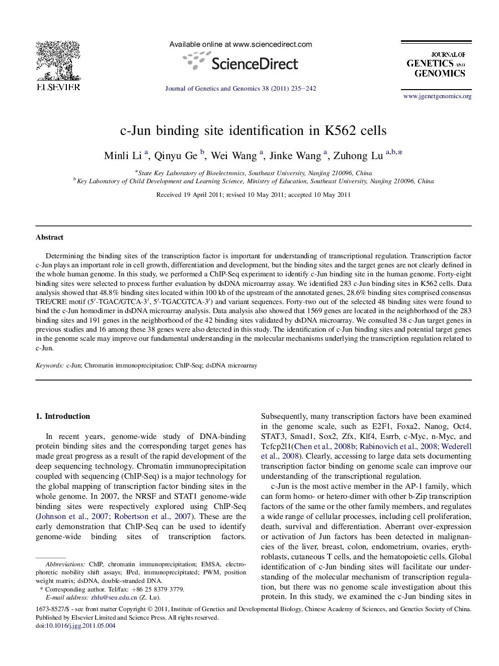 c-Jun binding site identification in K562 cells