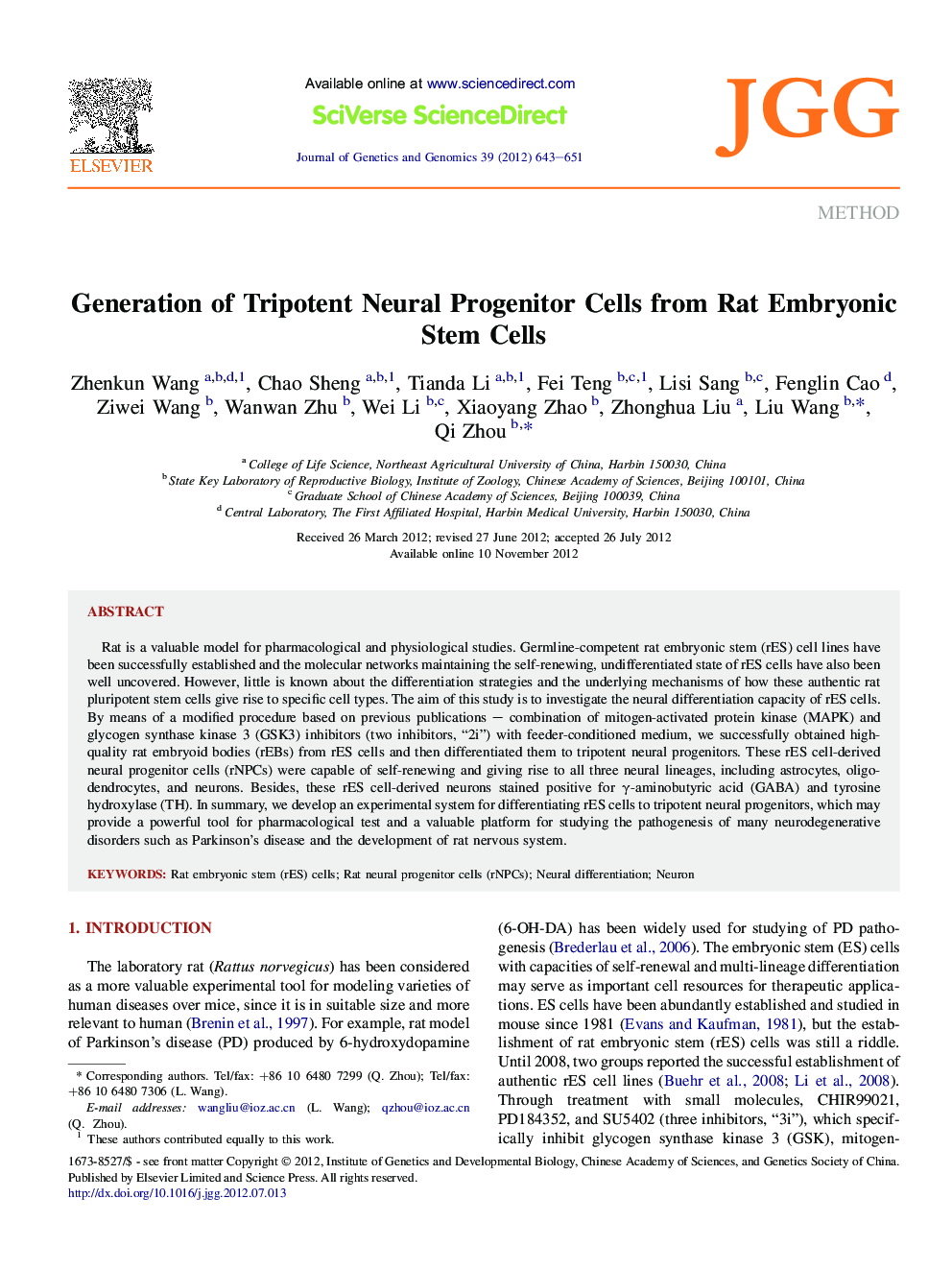 Generation of Tripotent Neural Progenitor Cells from Rat Embryonic Stem Cells