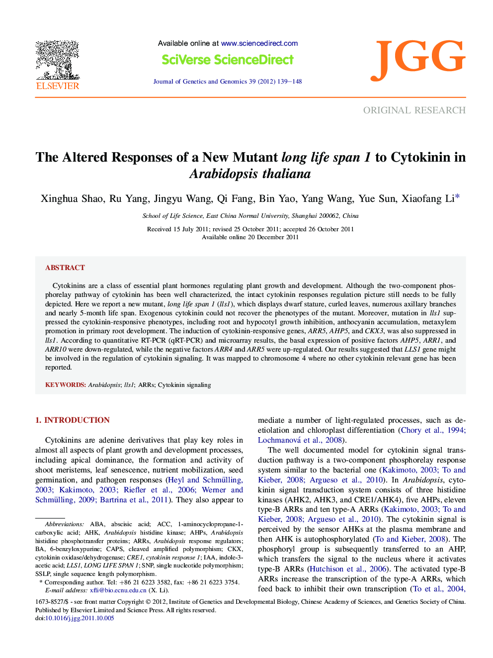 The Altered Responses of a New Mutant long life span 1 to Cytokinin in Arabidopsis thaliana