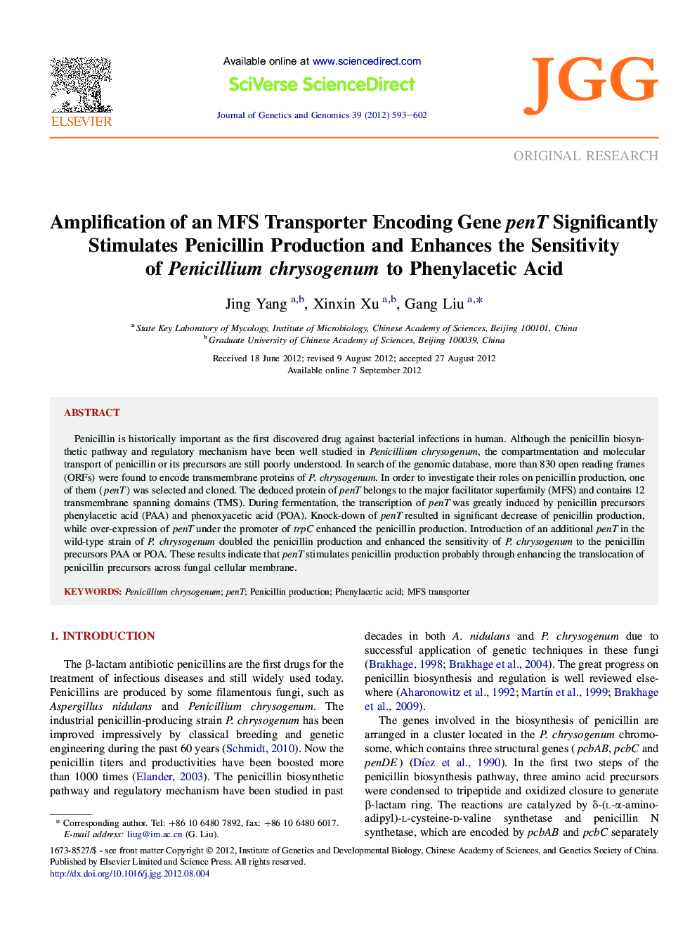 Amplification of an MFS Transporter Encoding Gene penT Significantly Stimulates Penicillin Production and Enhances the Sensitivity of Penicillium chrysogenum to Phenylacetic Acid