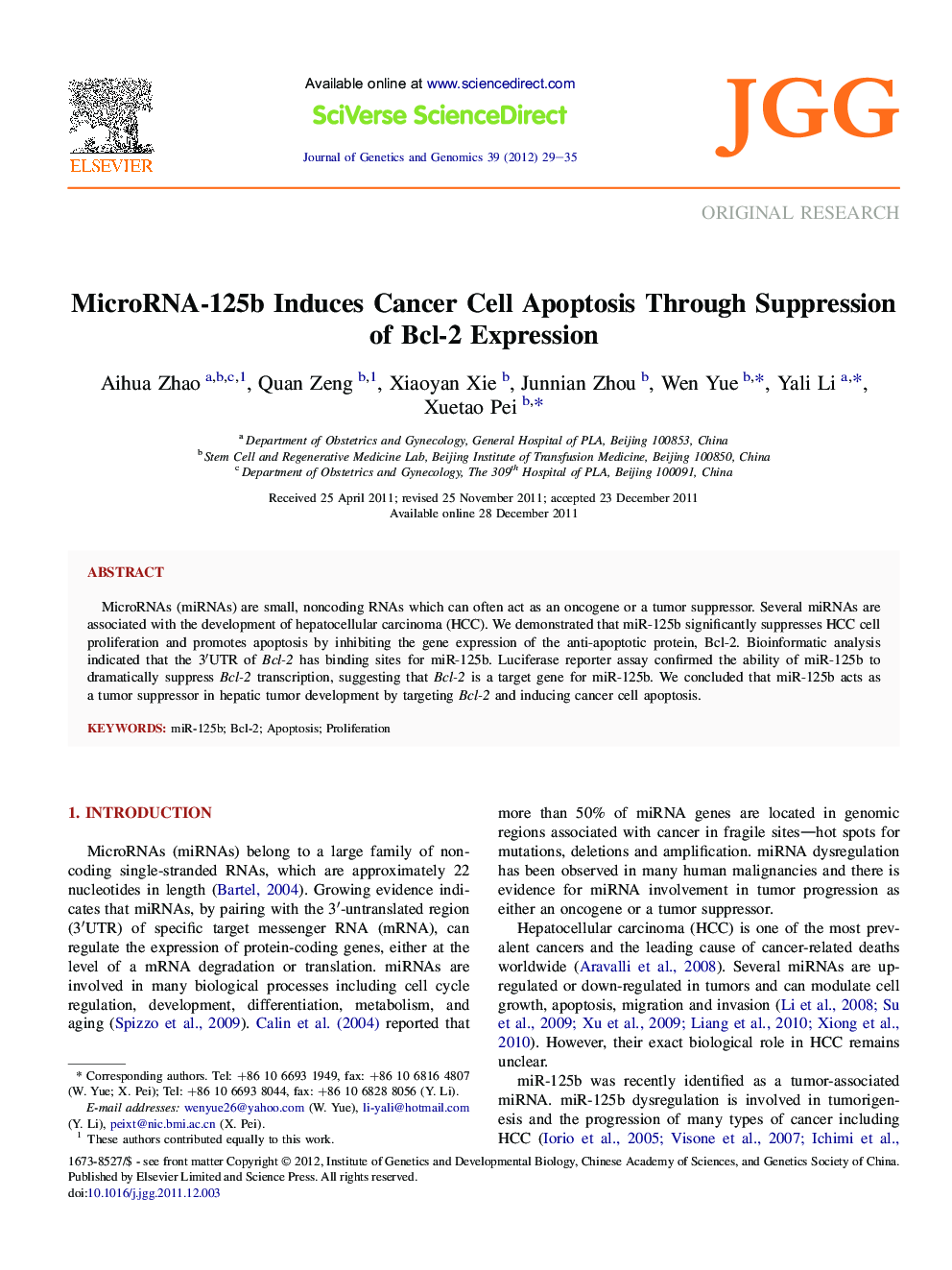 MicroRNA-125b Induces Cancer Cell Apoptosis Through Suppression of Bcl-2 Expression