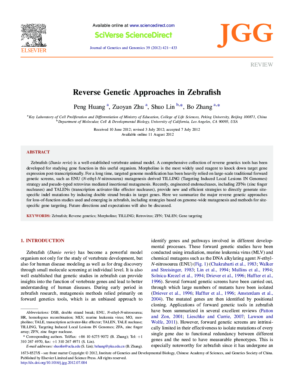 Reverse Genetic Approaches in Zebrafish