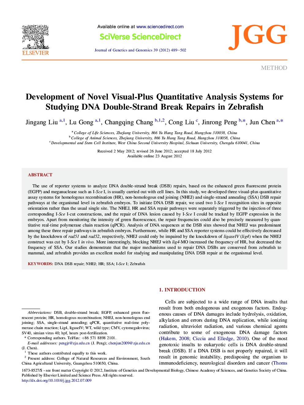 Development of Novel Visual-Plus Quantitative Analysis Systems for Studying DNA Double-Strand Break Repairs in Zebrafish