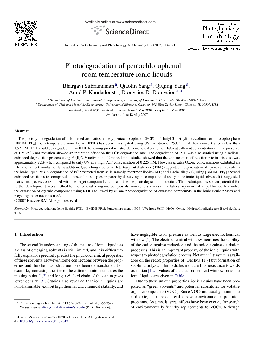 Photodegradation of pentachlorophenol in room temperature ionic liquids