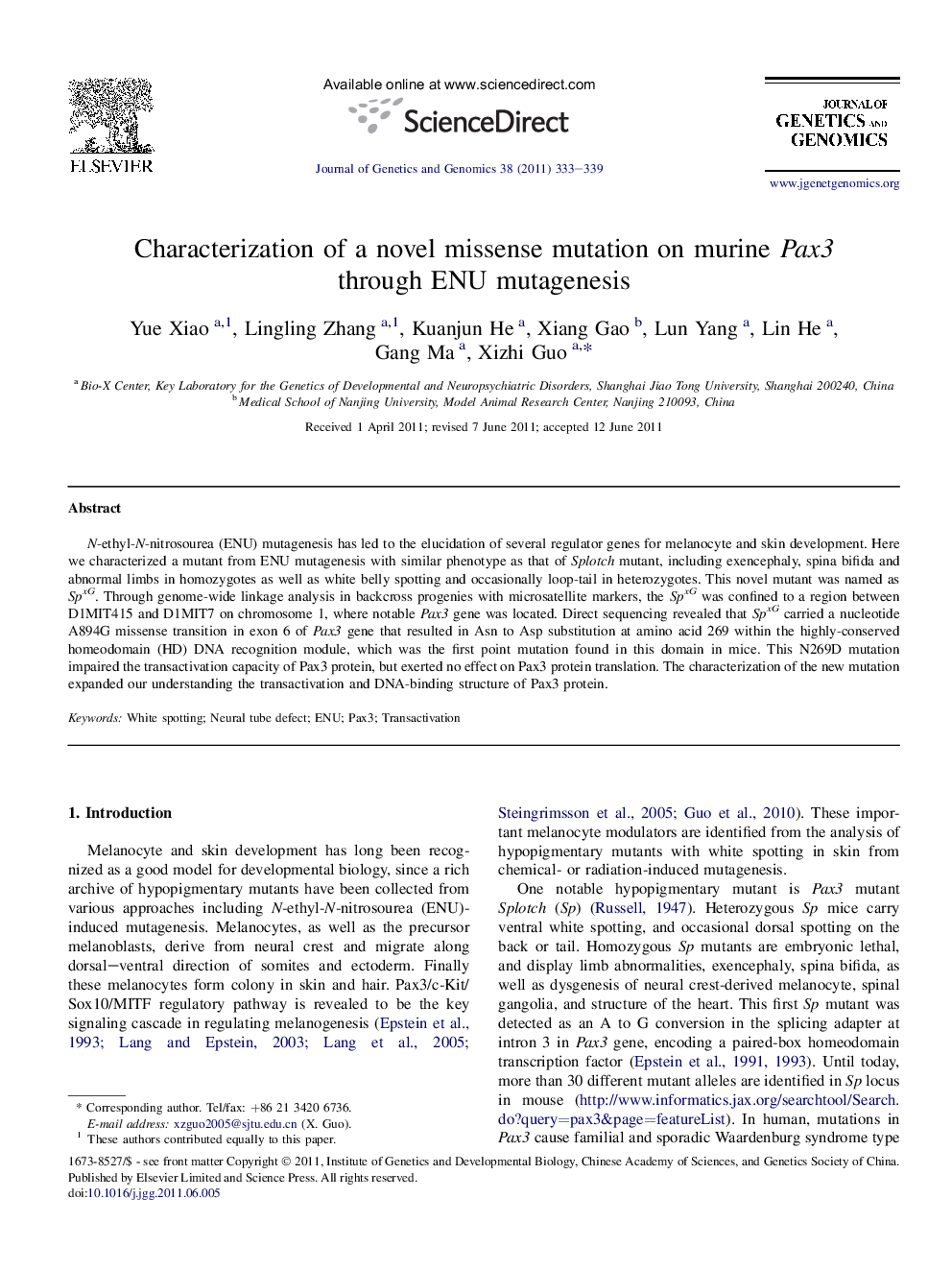 عکس صفحه اول مقاله: Characterization of a novel missense mutation on murine Pax3 through ENU mutagenesis Characterization of a novel missense mutation on murine Pax3 through ENU mutagenesis