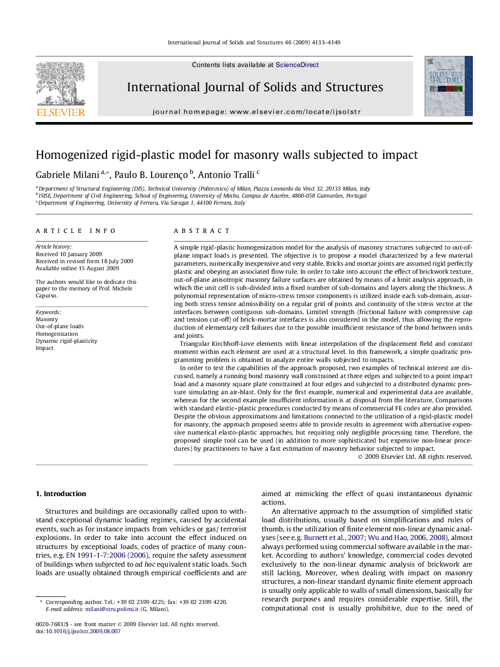 Homogenized rigid-plastic model for masonry walls subjected to impact