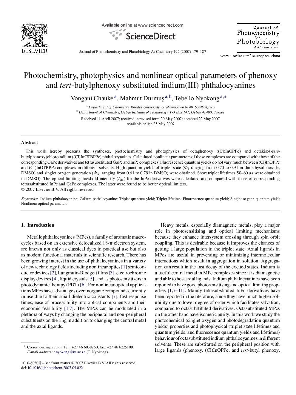 عکس صفحه اول مقاله: Photochemistry, photophysics and nonlinear optical parameters of phenoxy and tert-butylphenoxy substituted indium(III) phthalocyanines Photochemistry, photophysics and nonlinear optical parameters of phenoxy and tert-butylphenoxy substituted indium(III) phthalocyanines