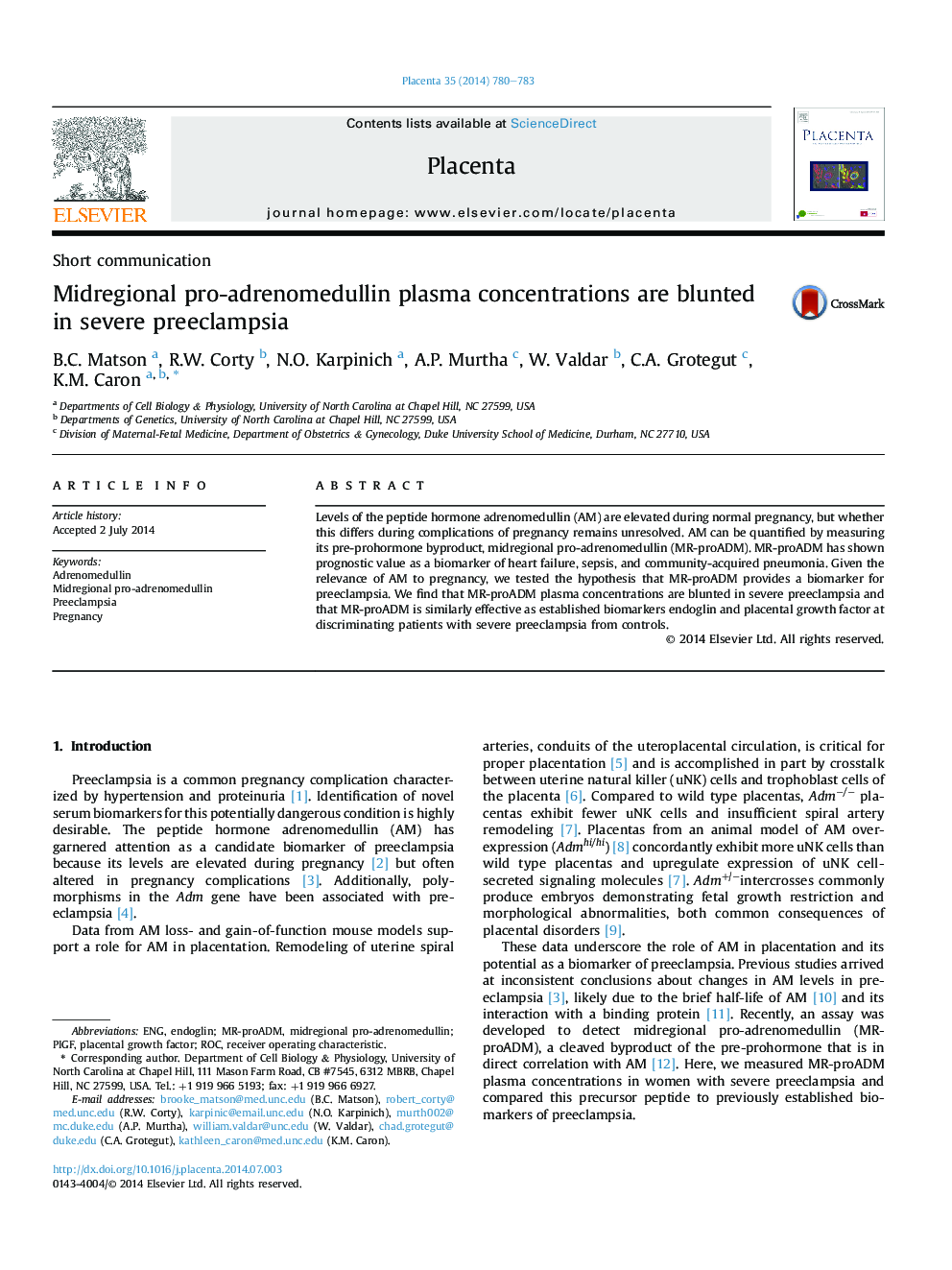 Midregional pro-adrenomedullin plasma concentrations are blunted in severe preeclampsia