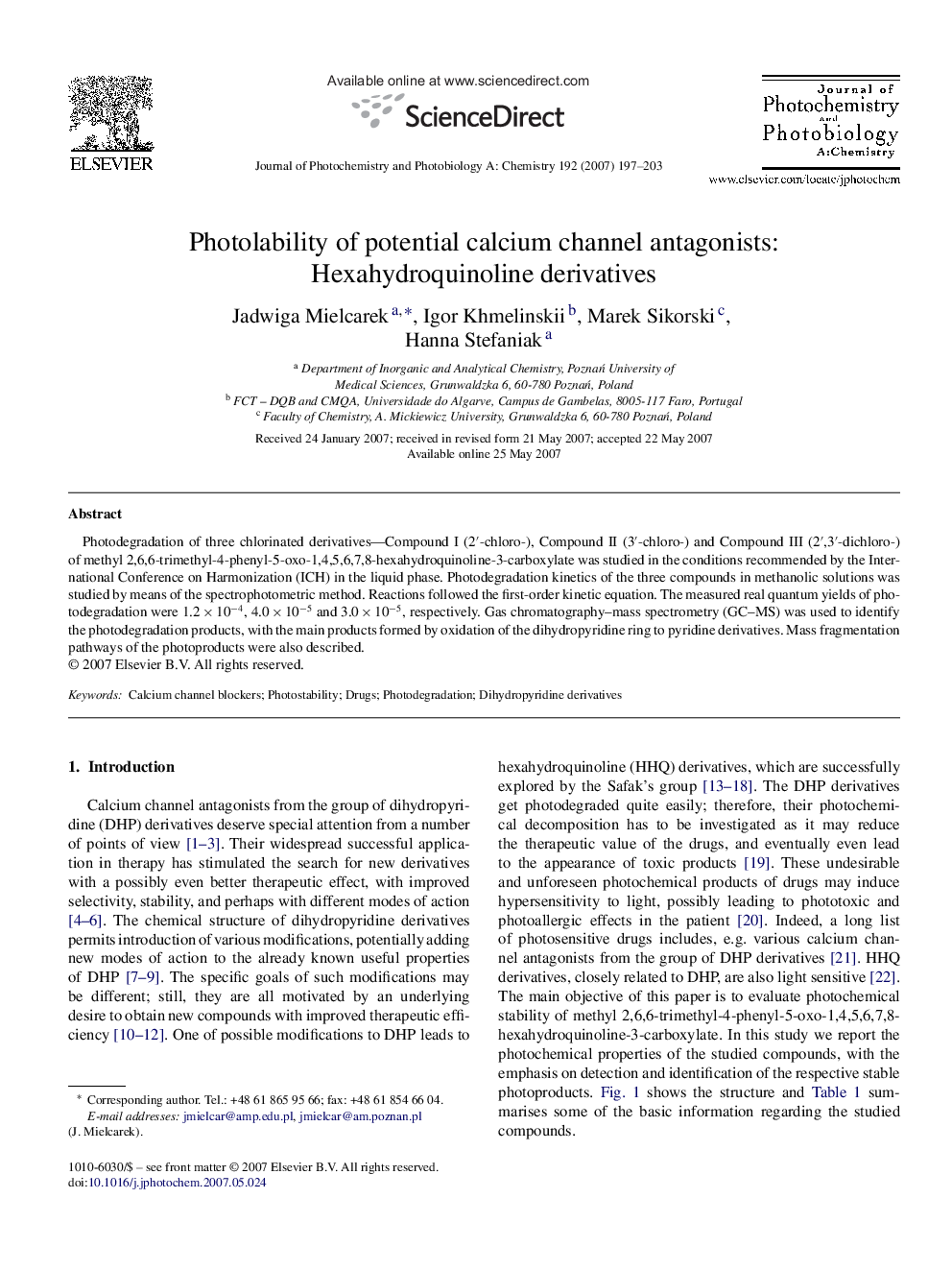 Photolability of potential calcium channel antagonists: Hexahydroquinoline derivatives