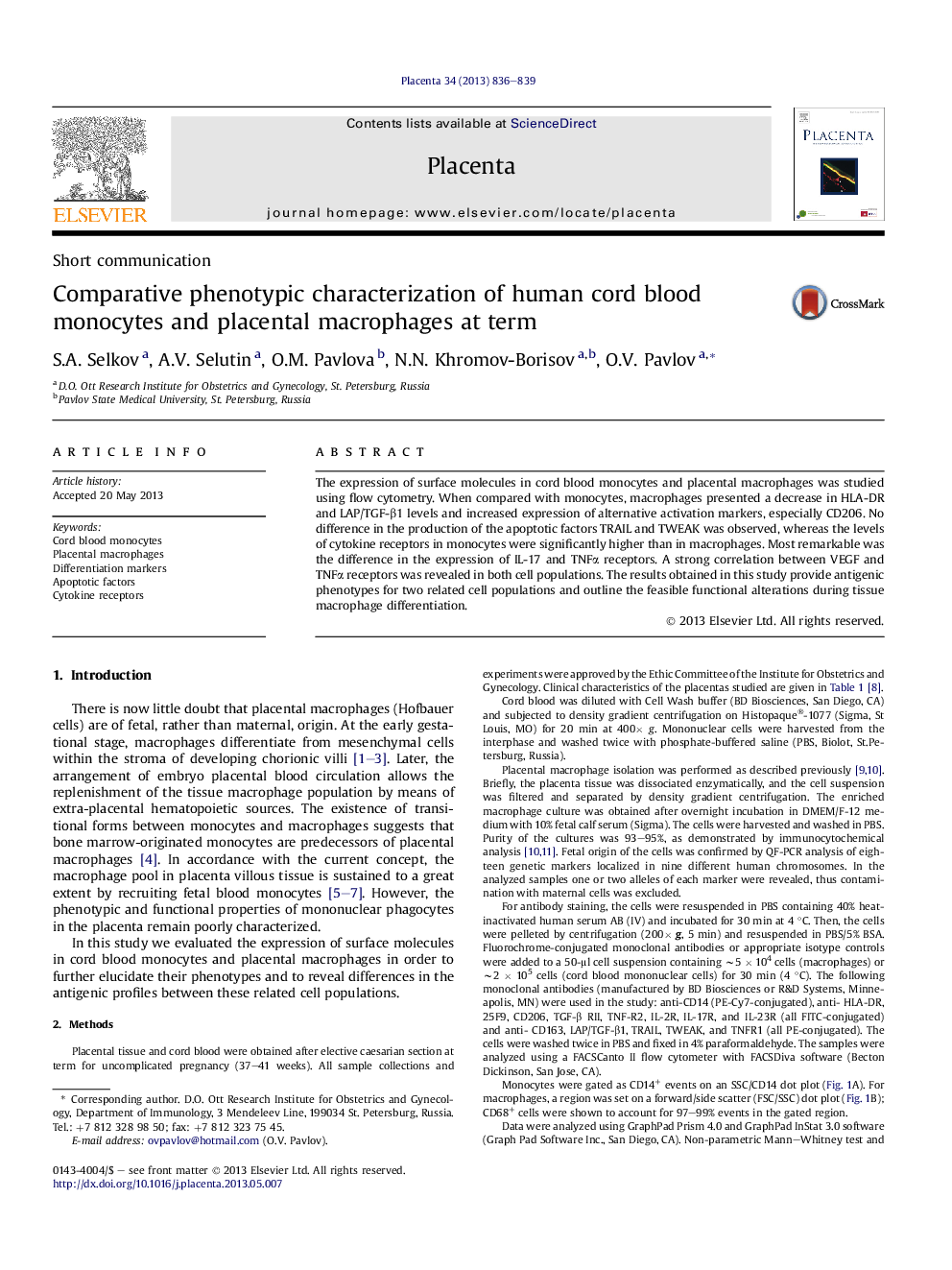 Comparative phenotypic characterization of human cord blood monocytes and placental macrophages at term