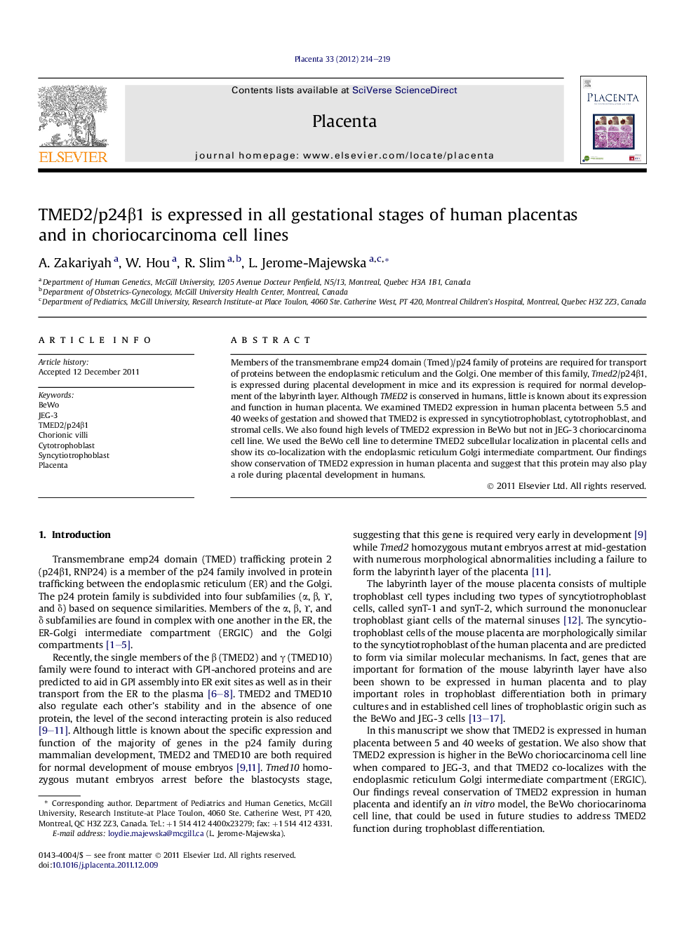 TMED2/p24β1 is expressed in all gestational stages of human placentas and in choriocarcinoma cell lines