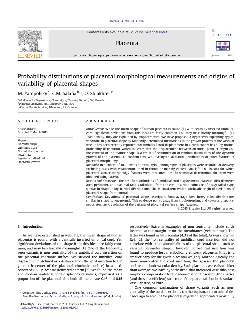 Probability distributions of placental morphological measurements and origins of variability of placental shapes