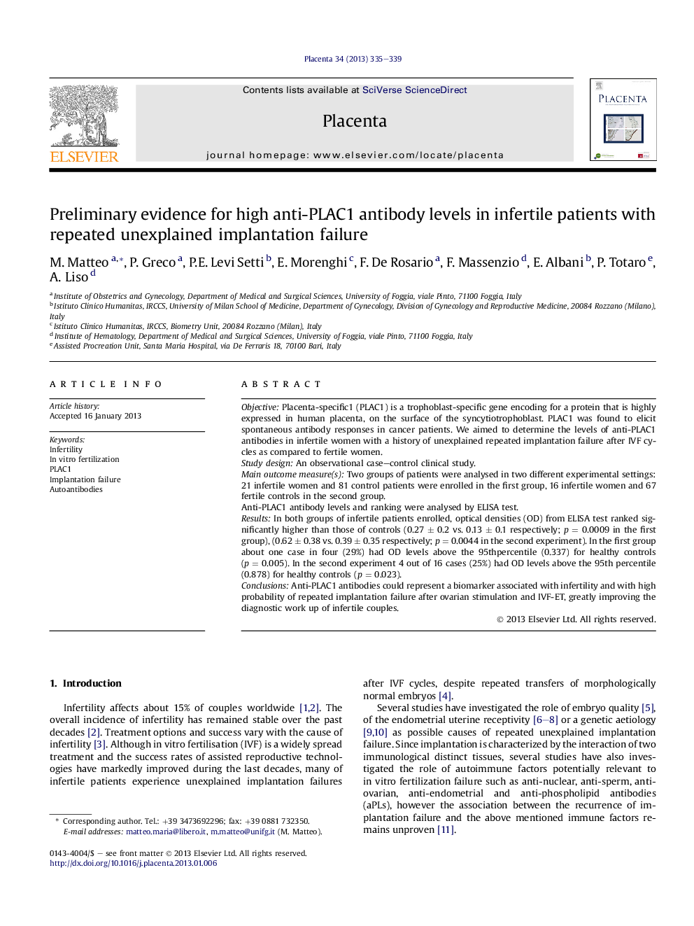 Preliminary evidence for high anti-PLAC1 antibody levels in infertile patients with repeated unexplained implantation failure