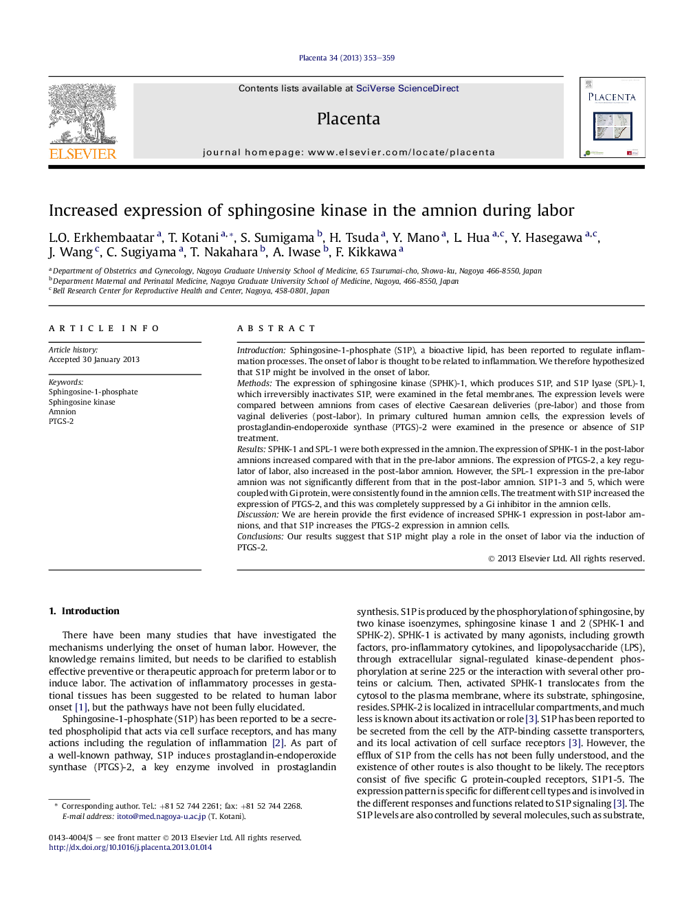 Increased expression of sphingosine kinase in the amnion during labor