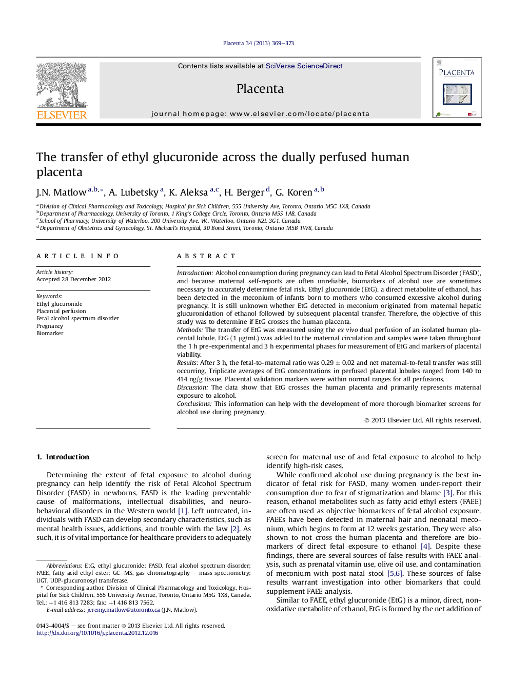 The transfer of ethyl glucuronide across the dually perfused human placenta