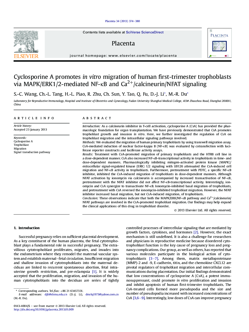 Cyclosporine A promotes in vitro migration of human first-trimester trophoblasts via MAPK/ERK1/2-mediated NF-κB and Ca2+/calcineurin/NFAT signaling