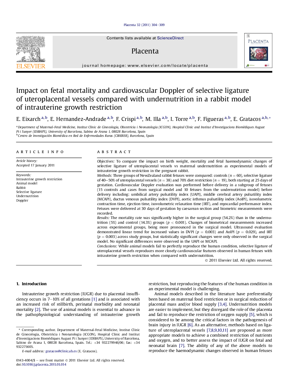 Impact on fetal mortality and cardiovascular Doppler of selective ligature of uteroplacental vessels compared with undernutrition in a rabbit model of intrauterine growth restriction