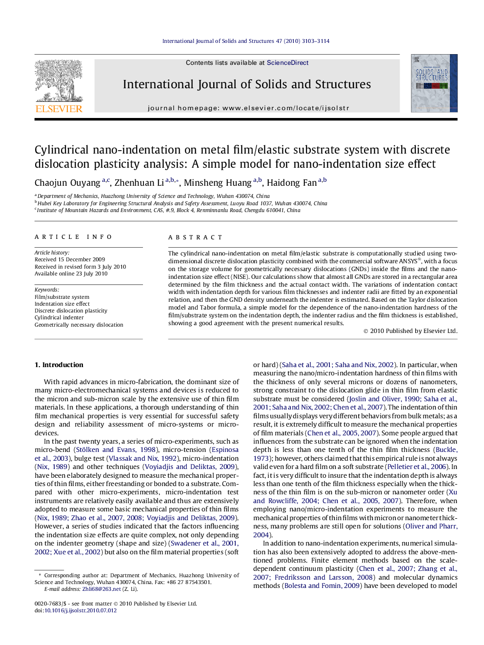 Cylindrical nano-indentation on metal film/elastic substrate system with discrete dislocation plasticity analysis: A simple model for nano-indentation size effect