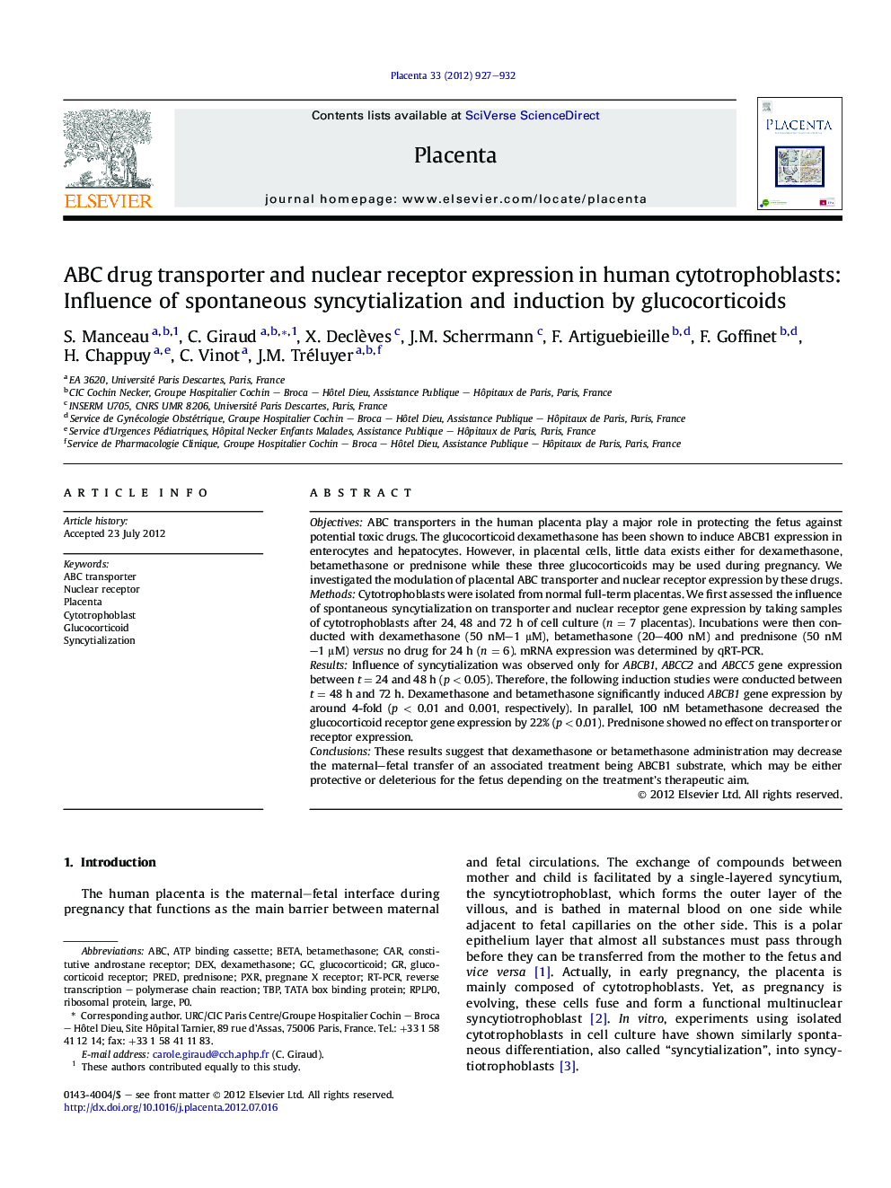 ABC drug transporter and nuclear receptor expression in human cytotrophoblasts: Influence of spontaneous syncytialization and induction by glucocorticoids