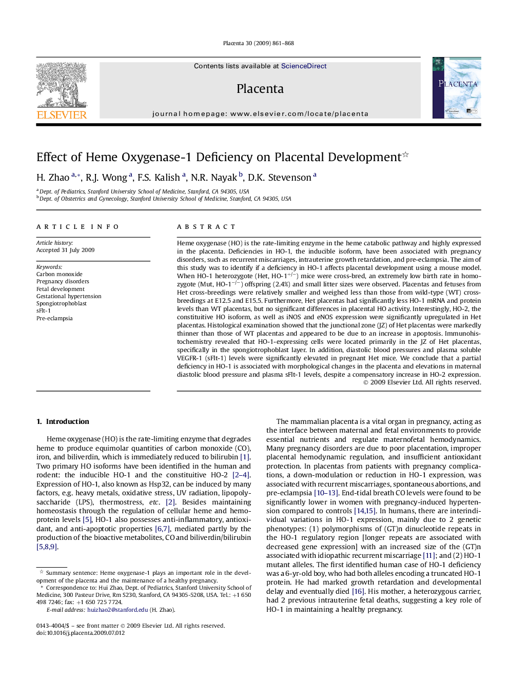 Effect of Heme Oxygenase-1 Deficiency on Placental Development 