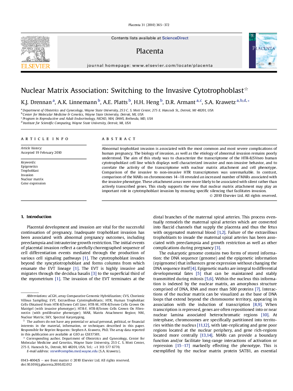 Nuclear Matrix Association: Switching to the Invasive Cytotrophoblast