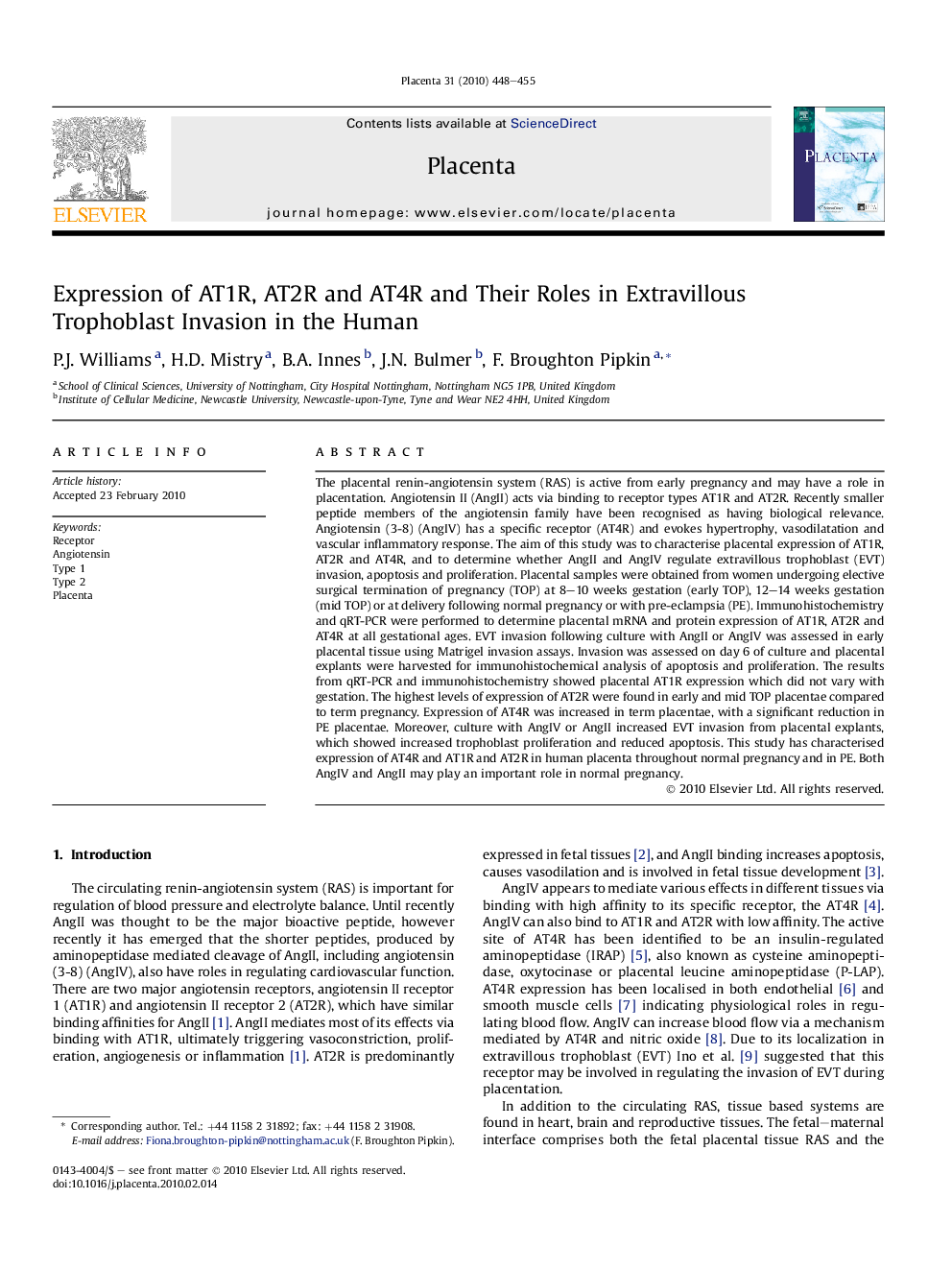 Expression of AT1R, AT2R and AT4R and Their Roles in Extravillous Trophoblast Invasion in the Human