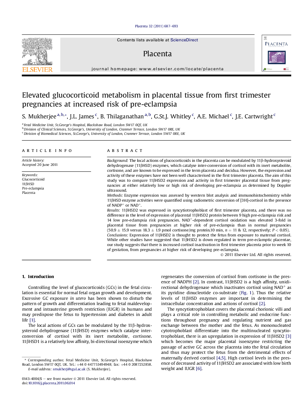 Elevated glucocorticoid metabolism in placental tissue from first trimester pregnancies at increased risk of pre-eclampsia