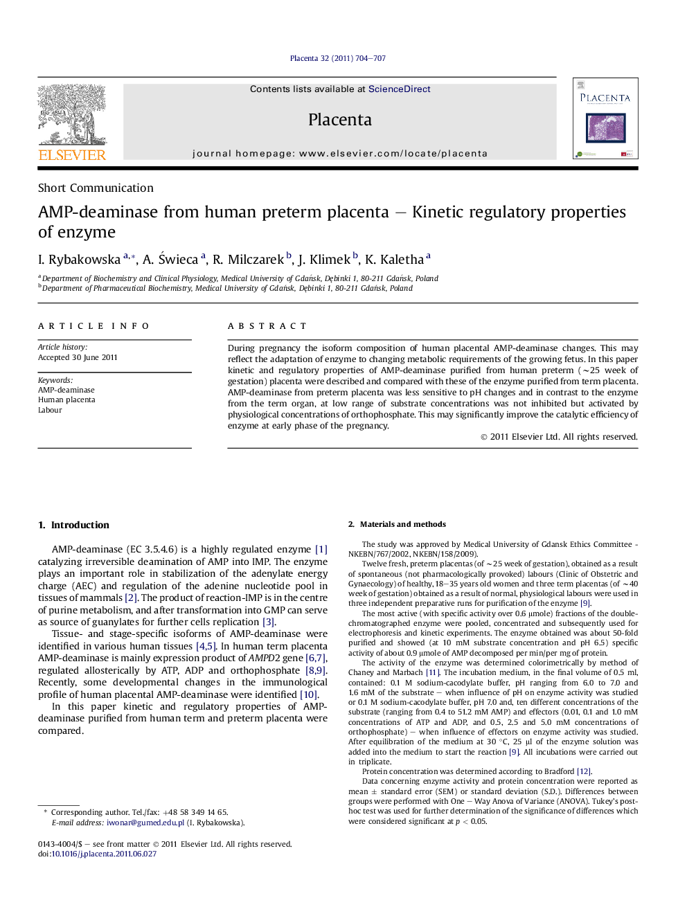 AMP-deaminase from human preterm placenta - Kinetic regulatory properties of enzyme