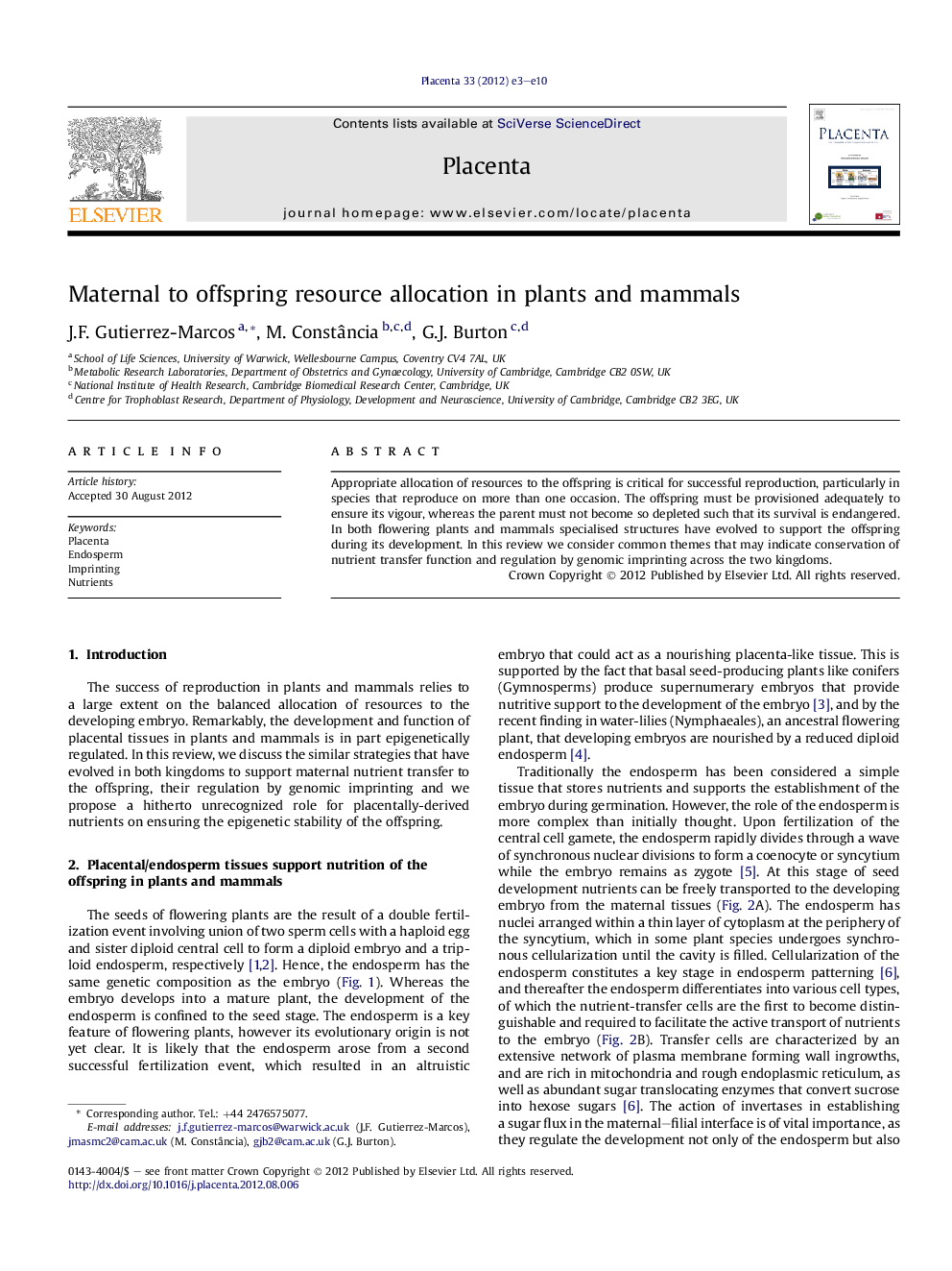 Maternal to offspring resource allocation in plants and mammals