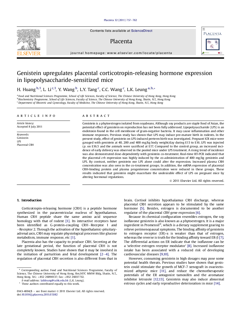 Genistein upregulates placental corticotropin-releasing hormone expression in lipopolysaccharide-sensitized mice