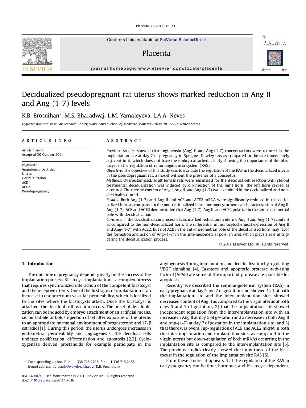 Decidualized pseudopregnant rat uterus shows marked reduction in Ang II and Ang-(1-7) levels